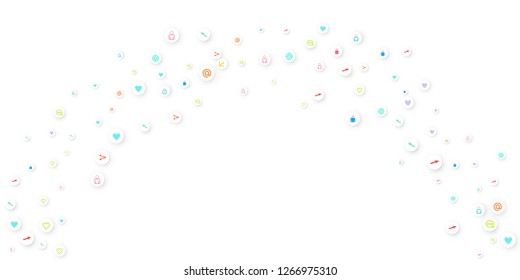 Social media marketing, Communication networking concept. Random icons social media services tags linked on white background. Comment, friend, like, share, target, message. Vector Internet concept.