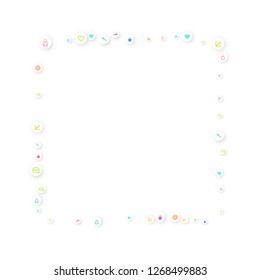 Social media marketing, Communication networking concept. Random icons social media services tags linked on white background. Comment, friend, like, share, target, message. Vector Internet concept.