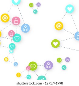 Social media marketing, Communication networking concept. Random icons social media services tags linked on white background. Comment, friend, like, share, target, message. Vector Internet concept.