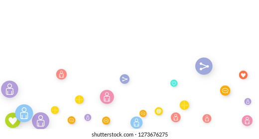 Social media marketing, Communication networking concept. Random icons social media services tags linked on white background. Comment, friend, like, share, target, message. Vector Internet concept.