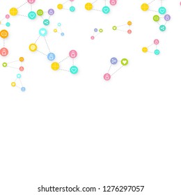 Social media marketing, Communication networking concept. Random icons social media services tags linked on white background. Comment, friend, like, share, target, message. Vector Internet concept.