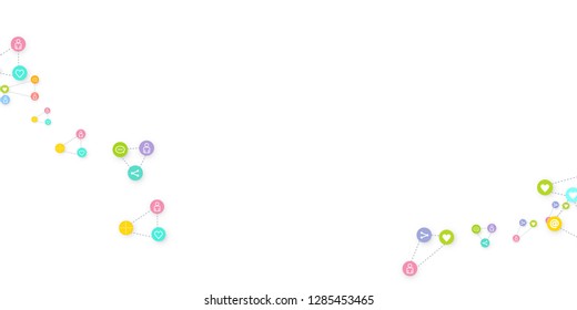 Social media marketing, Communication networking concept. Random icons social media services tags linked on white background. Comment, friend, like, share, target, message. Vector Internet concept.