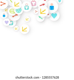Social media marketing, Communication networking concept. Random icons social media services tags linked on white background. Comment, friend, like, share, target, message. Vector Internet concept.