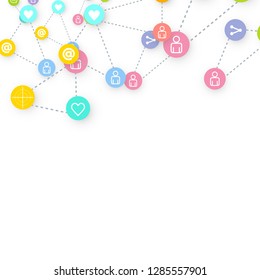 Social media marketing, Communication networking concept. Random icons social media services tags linked on white background. Comment, friend, like, share, target, message. Vector Internet concept.