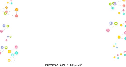 Social media marketing, Communication networking concept. Random icons social media services tags linked on white background. Comment, friend, like, share, target, message. Vector Internet concept.