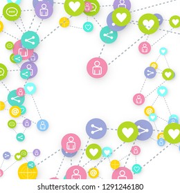 Social media marketing, Communication networking concept. Random icons social media services tags linked on white background. Comment, friend, like, share, target, message. Vector Internet concept.