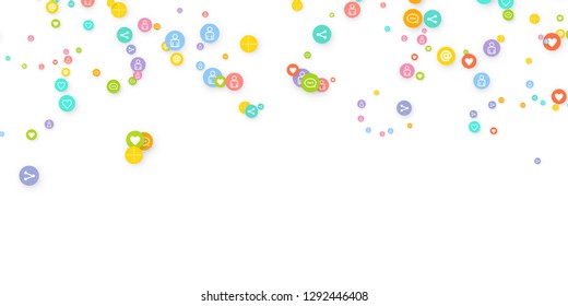 Social media marketing, Communication networking concept. Random icons social media services tags linked on white background. Comment, friend, like, share, target, message. Vector Internet concept.