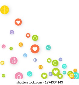 Social media marketing, Communication networking concept. Random icons social media services tags linked on white background. Comment, friend, like, share, target, message. Vector Internet concept.