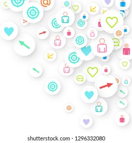 Social media marketing, Communication networking concept. Random icons social media services tags linked on white background. Comment, friend, like, share, target, message. Vector Internet concept.