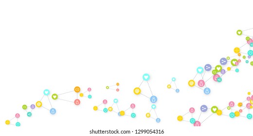 Social media marketing, Communication networking concept. Random icons social media services tags linked on white background. Comment, friend, like, share, target, message. Vector Internet concept.