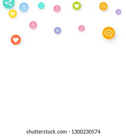 Social media marketing, Communication networking concept. Random icons social media services tags linked on white background. Comment, friend, like, share, target, message. Vector Internet concept.