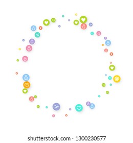 Social media marketing, Communication networking concept. Random icons social media services tags linked on white background. Comment, friend, like, share, target, message. Vector Internet concept.