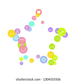 Social media marketing, Communication networking concept. Random icons social media services tags linked on white background. Comment, friend, like, share, target, message. Vector Internet concept.