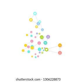 Social media marketing, Communication networking concept. Random icons social media services tags linked on white background. Comment, friend, like, share, target, message. Vector Internet concept.