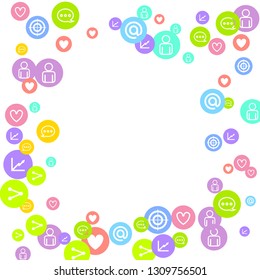 Social media marketing, Communication networking concept. Random icons social media services tags linked on white background. Comment, friend, like, share, target, message. Vector Internet concept.