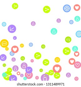 Social media marketing, Communication networking concept. Random icons social media services tags linked on white background. Comment, friend, like, share, target, message. Vector Internet concept.