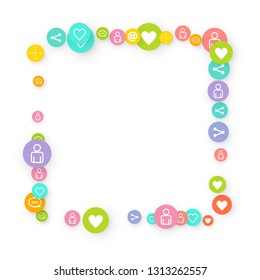 Social media marketing, Communication networking concept. Random icons social media services tags linked on white background. Comment, friend, like, share, target, message. Vector Internet concept.