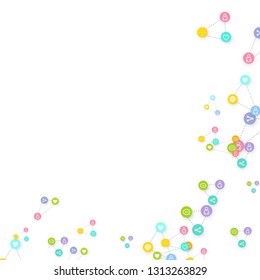 Social media marketing, Communication networking concept. Random icons social media services tags linked on white background. Comment, friend, like, share, target, message. Vector Internet concept.