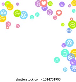 Social media marketing, Communication networking concept. Random icons social media services tags linked on white background. Comment, friend, like, share, target, message. Vector Internet concept.