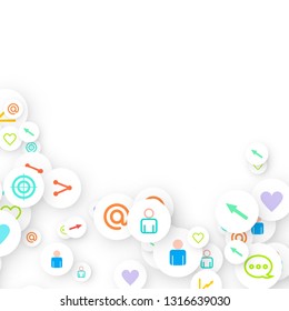 Social media marketing, Communication networking concept. Random icons social media services tags linked on white background. Comment, friend, like, share, target, message. Vector Internet concept.