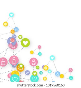 Social media marketing, Communication networking concept. Random icons social media services tags linked on white background. Comment, friend, like, share, target, message. Vector Internet concept.