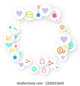 Social media marketing, Communication networking concept. Random icons social media services tags linked on white background. Comment, friend, like, share, target, message. Vector Internet concept.
