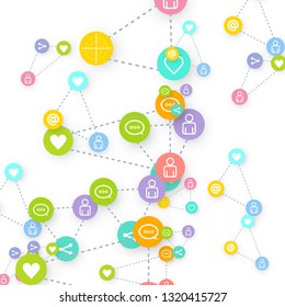 Social media marketing, Communication networking concept. Random icons social media services tags linked on white background. Comment, friend, like, share, target, message. Vector Internet concept.