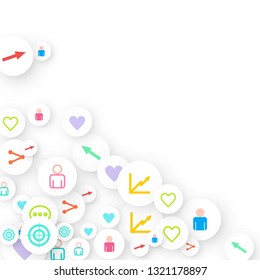 Social media marketing, Communication networking concept. Random icons social media services tags linked on white background. Comment, friend, like, share, target, message. Vector Internet concept.