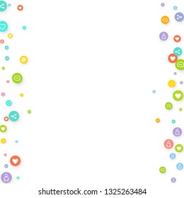 Social media marketing, Communication networking concept. Random icons social media services tags linked on white background. Comment, friend, like, share, target, message. Vector Internet concept.