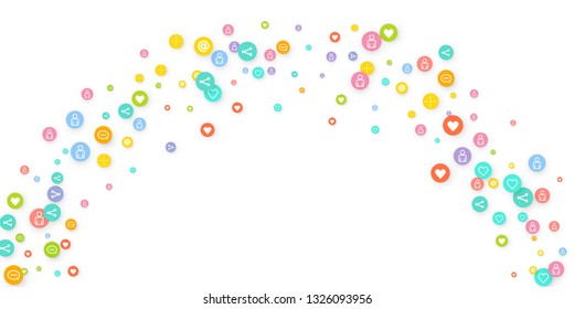 Social media marketing, Communication networking concept. Random icons social media services tags linked on white background. Comment, friend, like, share, target, message. Vector Internet concept.
