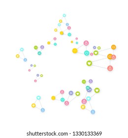 Social media marketing, Communication networking concept. Random icons social media services tags linked on white background. Comment, friend, like, share, target, message. Vector Internet concept.