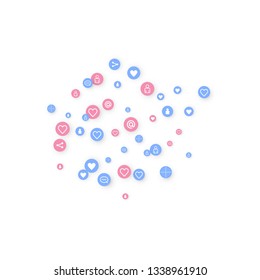 Social media marketing, Communication networking concept. Random icons social media services tags linked on white background. Comment, friend, like, share, target, message. Vector Internet concept.