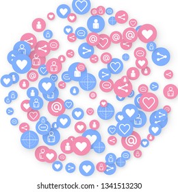 Social media marketing, Communication networking concept. Random icons social media services tags linked on white background. Comment, friend, like, share, target, message. Vector Internet concept.