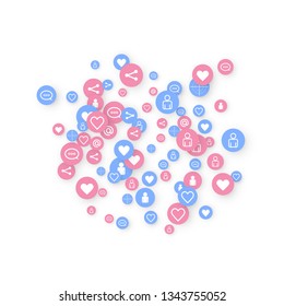 Social media marketing, Communication networking concept. Random icons social media services tags linked on white background. Comment, friend, like, share, target, message. Vector Internet concept.