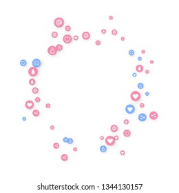 Social media marketing, Communication networking concept. Random icons social media services tags linked on white background. Comment, friend, like, share, target, message. Vector Internet concept.