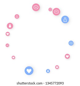 Social media marketing, Communication networking concept. Random icons social media services tags linked on white background. Comment, friend, like, share, target, message. Vector Internet concept.