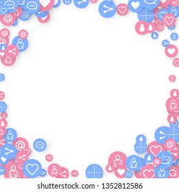 Social media marketing, Communication networking concept. Random icons social media services tags linked on white background. Comment, friend, like, share, target, message. Vector Internet concept.