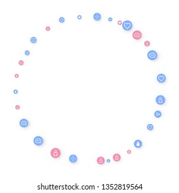 Social media marketing, Communication networking concept. Random icons social media services tags linked on white background. Comment, friend, like, share, target, message. Vector Internet concept.