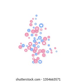 Social media marketing, Communication networking concept. Random icons social media services tags linked on white background. Comment, friend, like, share, target, message. Vector Internet concept.