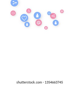 Social media marketing, Communication networking concept. Random icons social media services tags linked on white background. Comment, friend, like, share, target, message. Vector Internet concept.