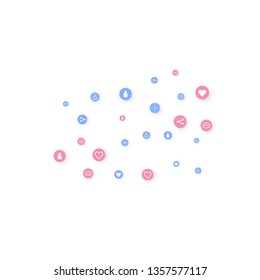 Social media marketing, Communication networking concept. Random icons social media services tags linked on white background. Comment, friend, like, share, target, message. Vector Internet concept.