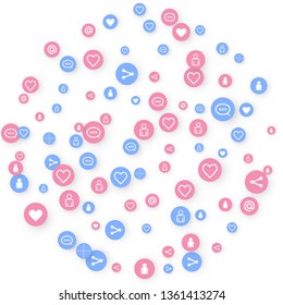 Social media marketing, Communication networking concept. Random icons social media services tags linked on white background. Comment, friend, like, share, target, message. Vector Internet concept.