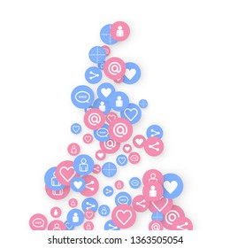 Social media marketing, Communication networking concept. Random icons social media services tags linked on white background. Comment, friend, like, share, target, message. Vector Internet concept.