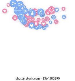Social media marketing, Communication networking concept. Random icons social media services tags linked on white background. Comment, friend, like, share, target, message. Vector Internet concept.