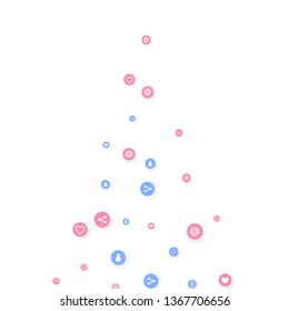 Social media marketing, Communication networking concept. Random icons social media services tags linked on white background. Comment, friend, like, share, target, message. Vector Internet concept.