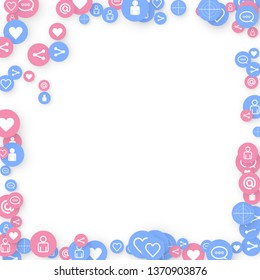 Social media marketing, Communication networking concept. Random icons social media services tags linked on white background. Comment, friend, like, share, target, message. Vector Internet concept.