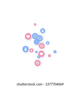 Social media marketing, Communication networking concept. Random icons social media services tags linked on white background. Comment, friend, like, share, target, message. Vector Internet concept.