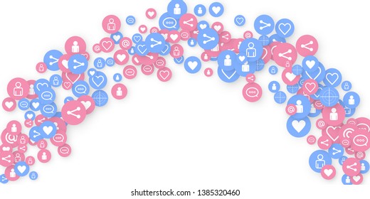 Social media marketing, Communication networking concept. Random icons social media services tags linked on white background. Comment, friend, like, share, target, message. Vector Internet concept.