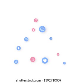 Social media marketing, Communication networking concept. Random icons social media services tags linked on white background. Comment, friend, like, share, target, message. Vector Internet concept.