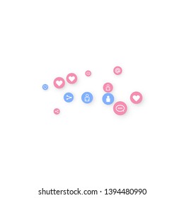 Social media marketing, Communication networking concept. Random icons social media services tags linked on white background. Comment, friend, like, share, target, message. Vector Internet concept.